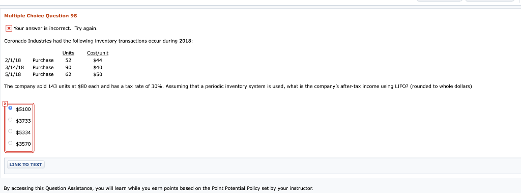  Multiple Choice Question 98 Your answer is incorrect. Try again. Coronado