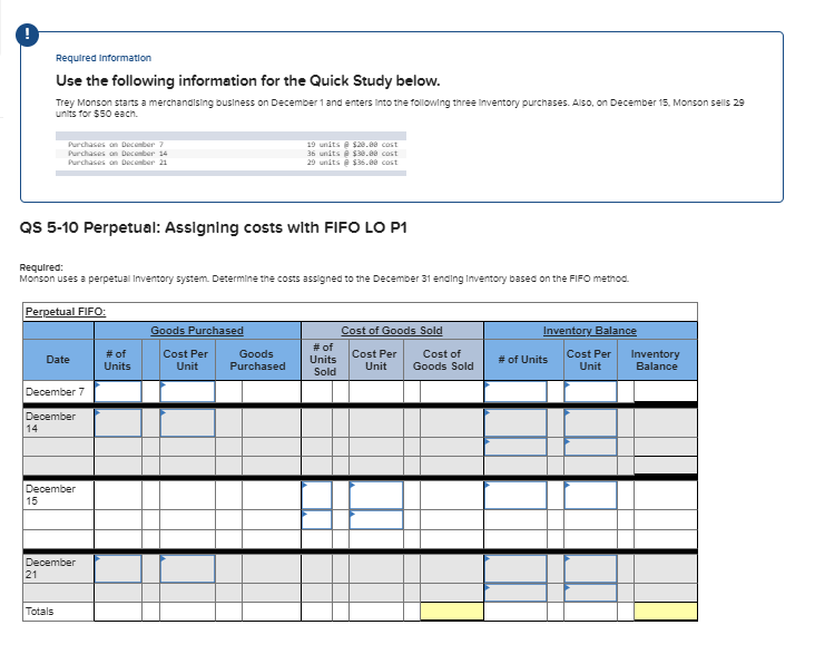 undefined Required Information Use the following information for the Quick Study below.