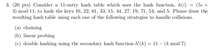  Consider a 11-entry hash table which uses the hash function, h(i)