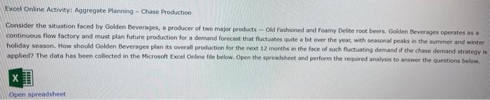  Excel Online Activity: Apgregate Planning - Chase Production Consider the situation