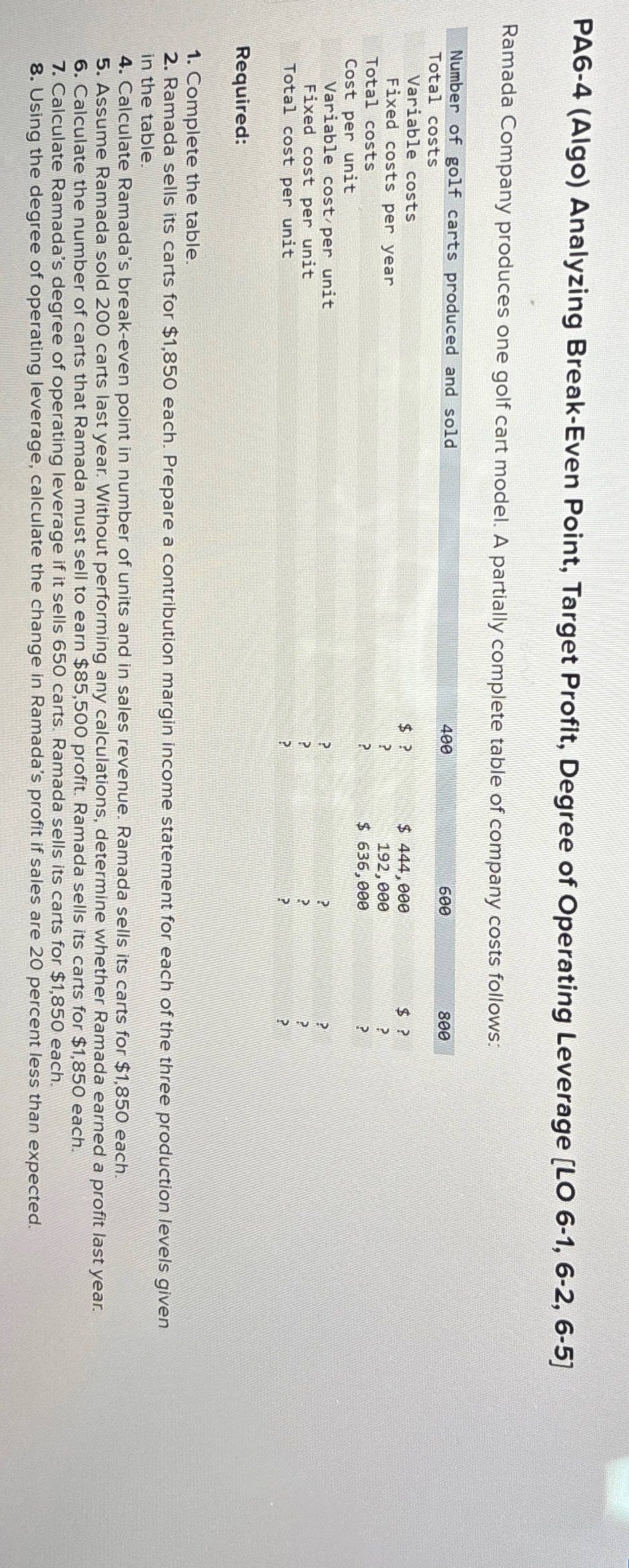  PA6-4(Algo) Analyzing Break-Even Point, Target Profit, Degree of Operating Leverage [LO