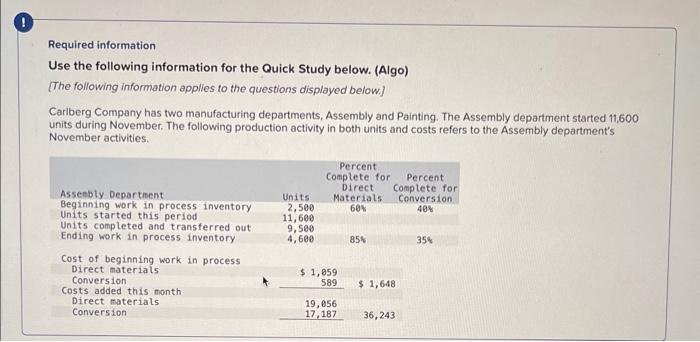  Required information Use the following information for the Quick Study below.