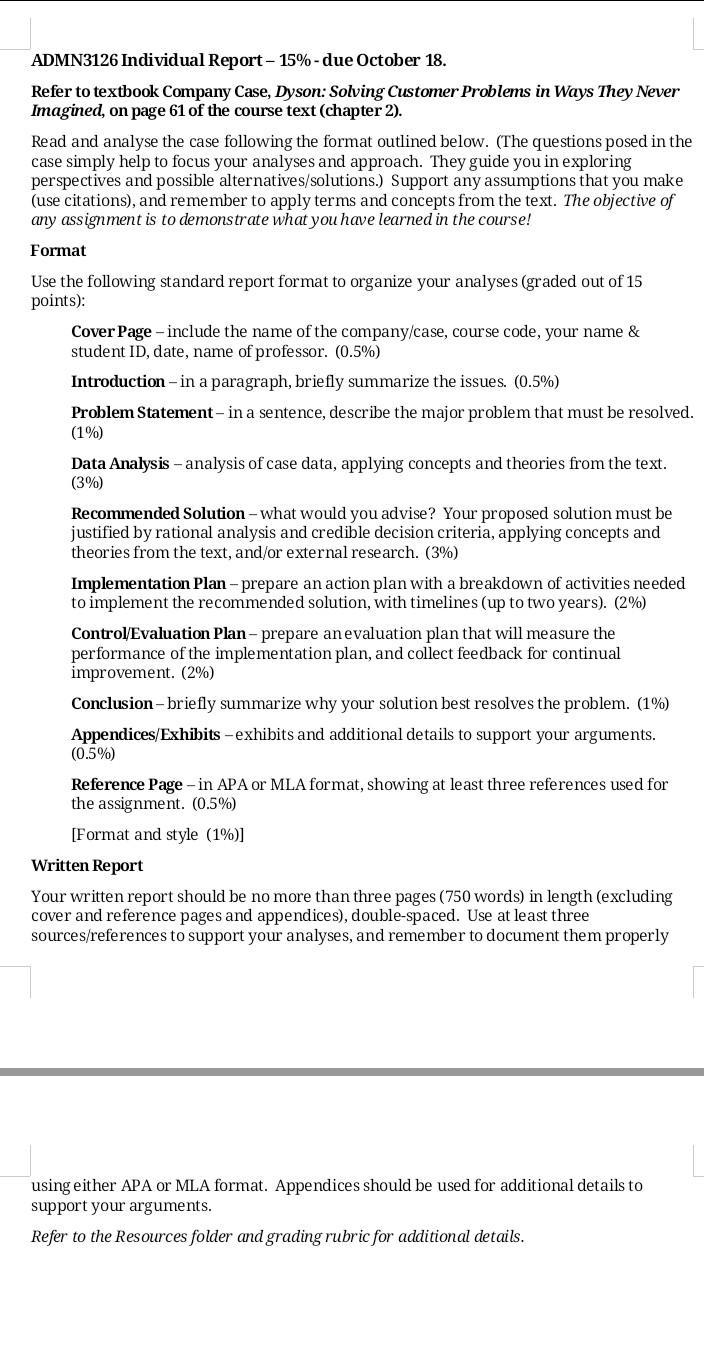  ADMN3126 Individual Report - 15\%-due October 18. Refer to textbook Company
