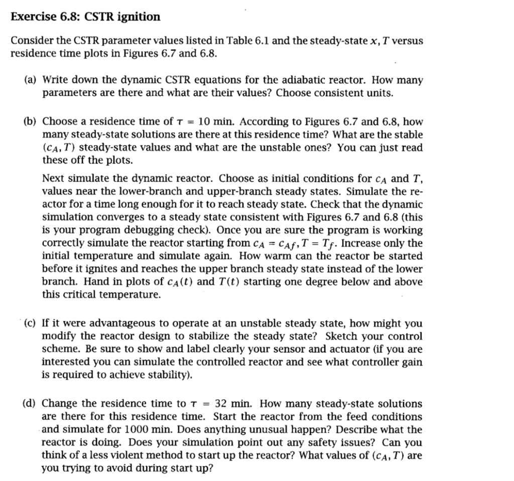  xercise 6.8: CSTR ignition onsider the CSTR parameter values listed in