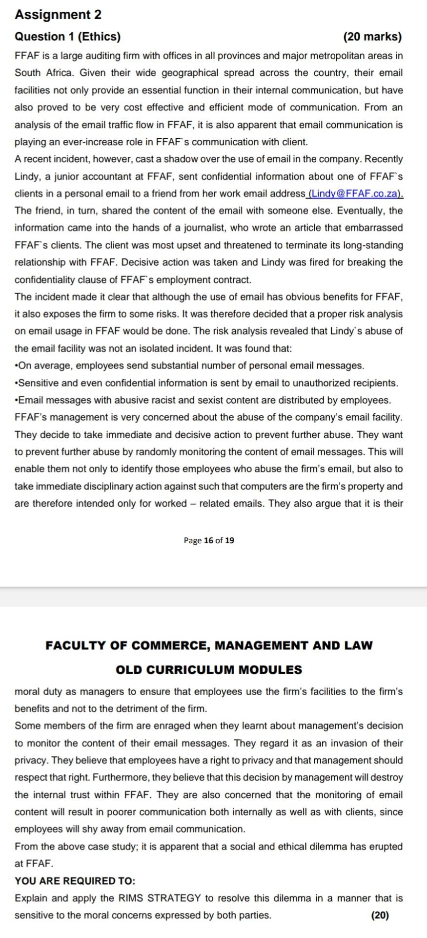  Assignment 2 Question 1 (Ethics) (20 marks) FFAF is a large