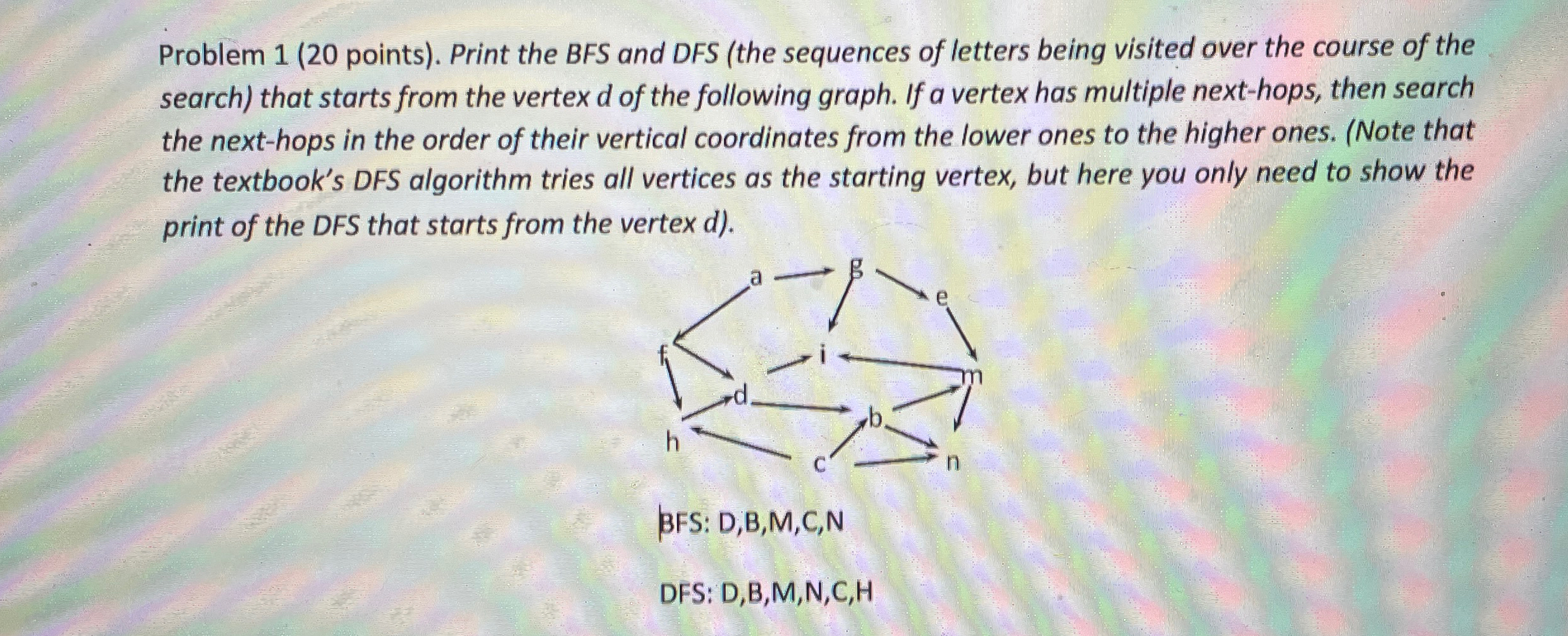  Problem 1(20 points). Print the BFS and DFS (the sequences of