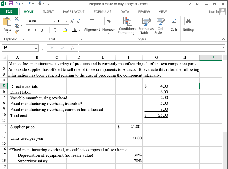 Please Show your work!!! Prepare a make or buy analysis Excel