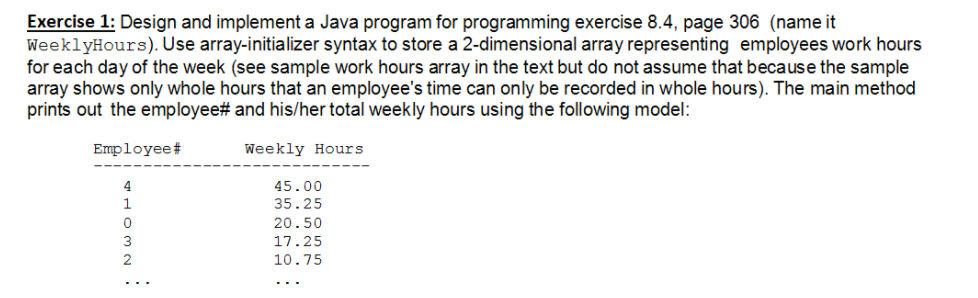  Exercise 1: Design and implement a Java program for programming exercise