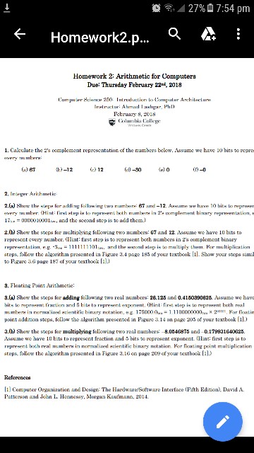  27%O 7:54 pm Homework2.p Homework 2: Arithmetic for Computers Due: Thurday