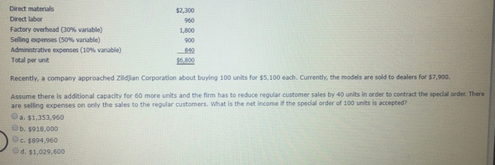  Direct materials Direct labor Factory overhead (30% variable) Selling expenses (50%