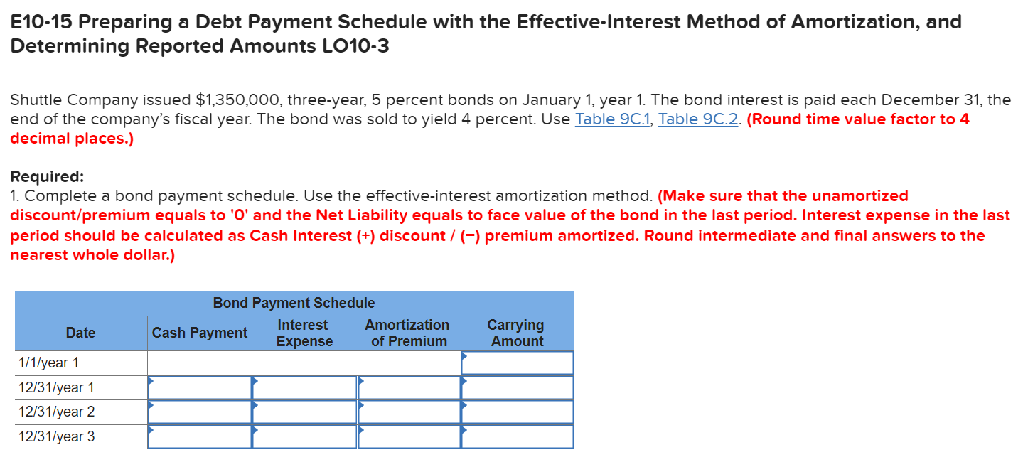 E10-15 Preparing a Debt Payment Schedule with the Effective-Interest Method of