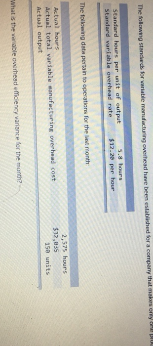  The following standards for variable manufacturing overhead have been established for