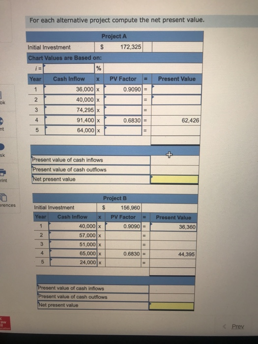 and profitability index LO P3 Following is information on two alternative investments