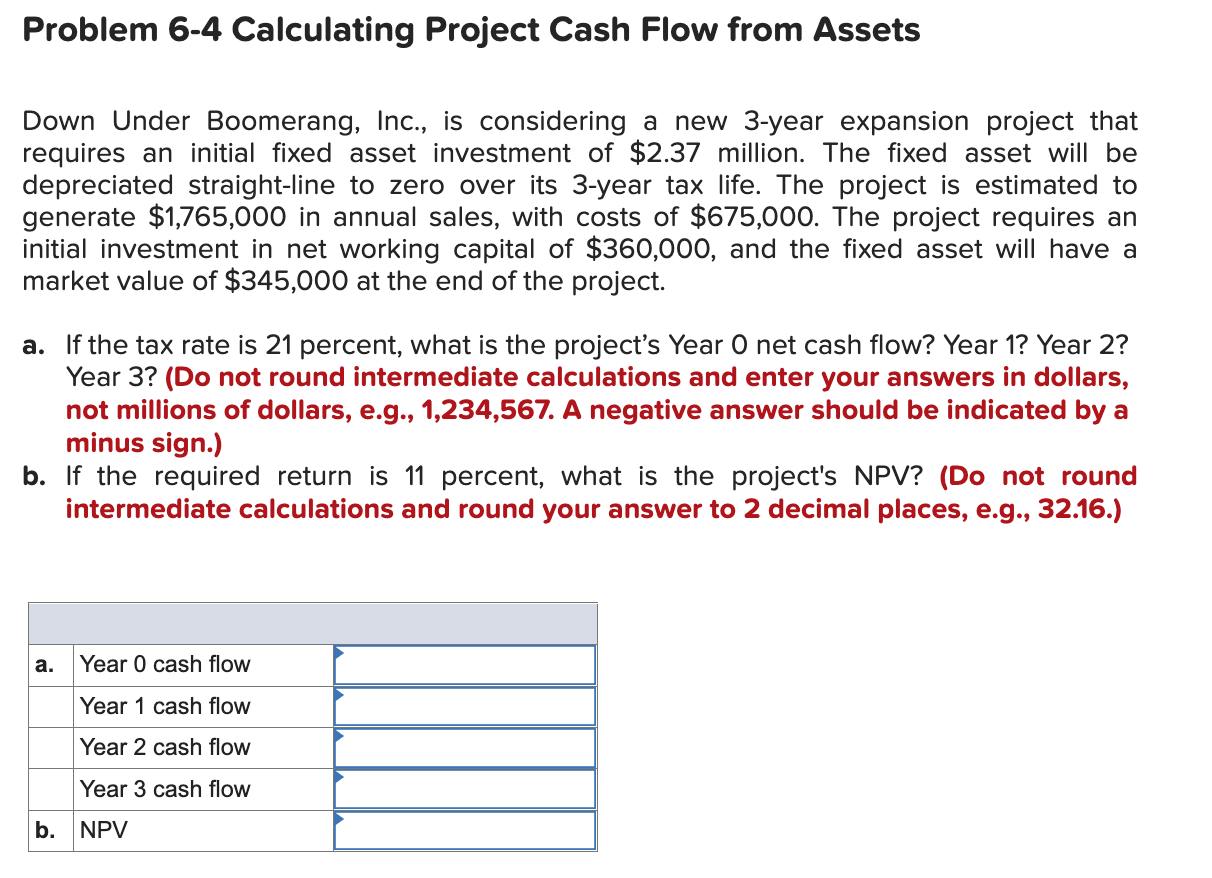 Problem 6-4 Calculating Project Cash Flow from Assets Down Under Boomerang,