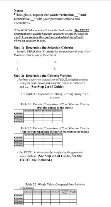  Notes: Throughout, replace the words "criterion _" and alternative _" with