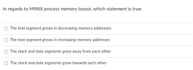  In regards to MINIX process memory layout, which statement is true: