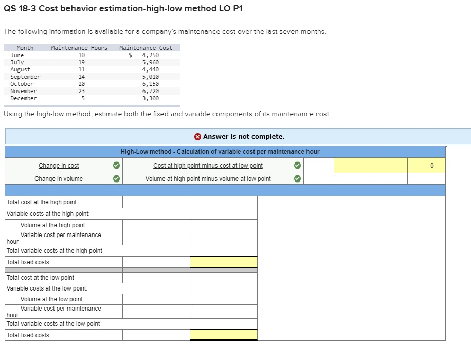 QS 18-3 Cost behavior estimation-high-low method LO P1 The following information