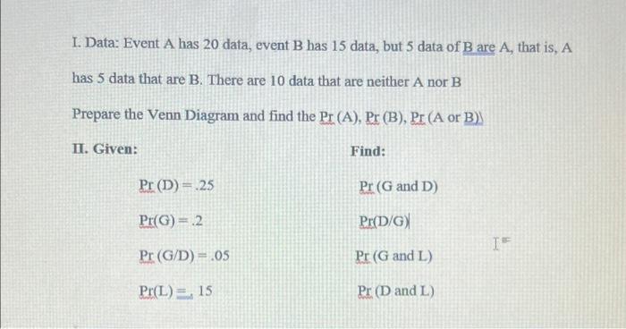  I. Data: Event A has 20 data, event B has 15