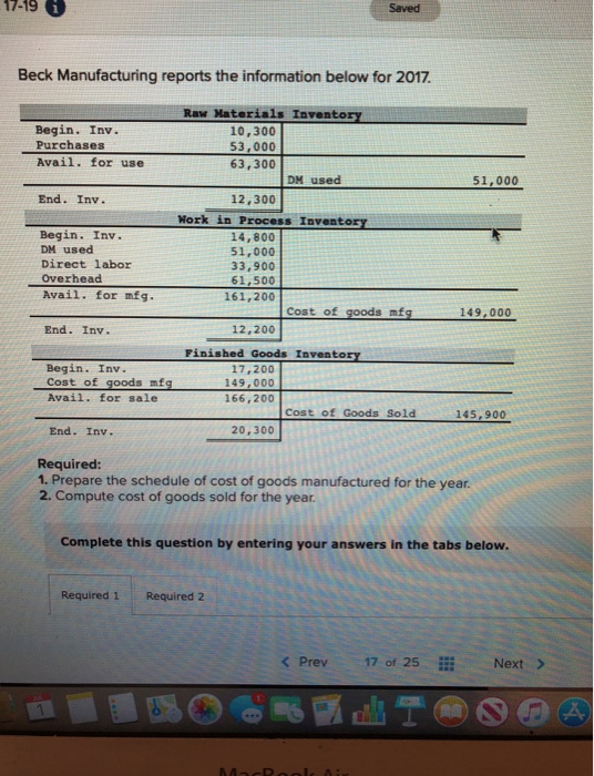  Saved Beck Manufacturing reports the information below for 2017 Raw Materials