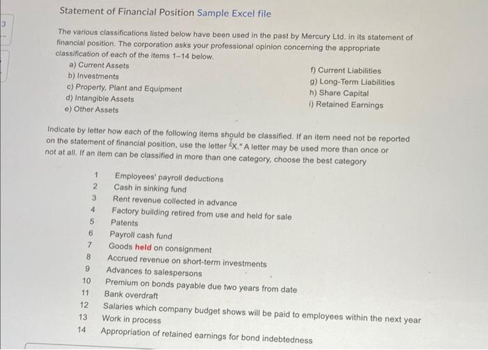  Statement of Financial Position Sample Excel file The various classifications listed