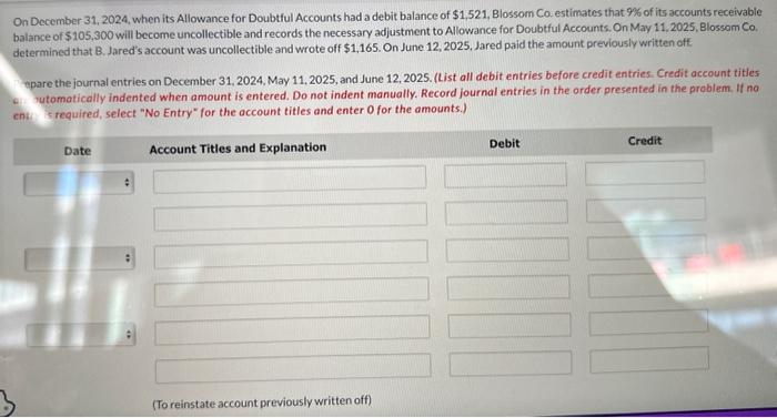 answer full question On December 31, 2024, when its Allowance for Doubtful