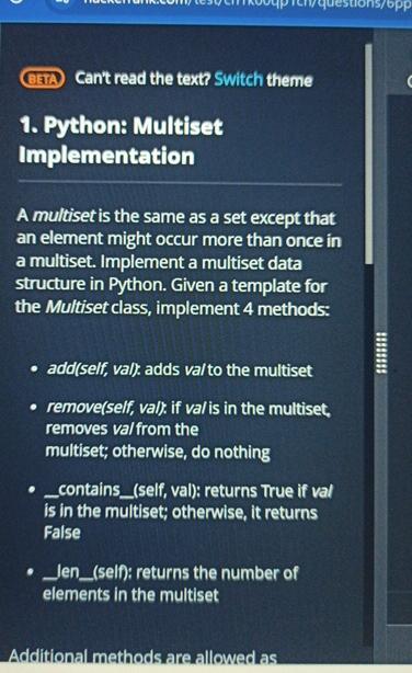  (GIT) Can't read the text? Switch theme Python: Multiset Implementation A