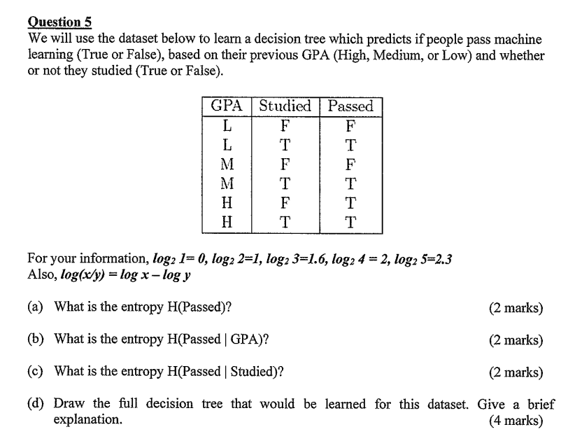 Question 5 We will use the dataset below to learn a