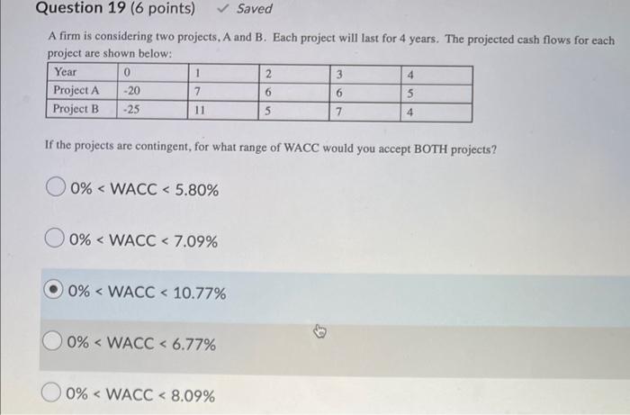 A firm is considering two projects, A and B. Each project