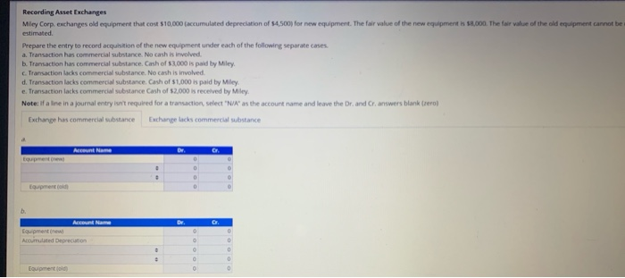  Recording Asset Exchanges Miley Corp. exchanges old equipment that cost $10.000