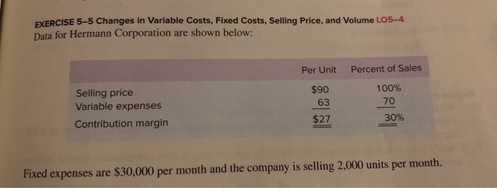  EXERCISE 5-5 Changes in Variable Costs, Fixed Costs, Selling Price, and