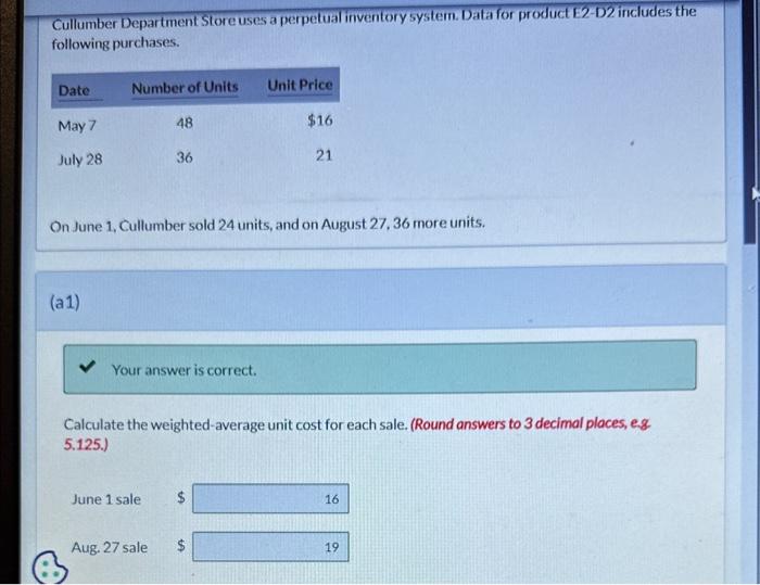  Cullumber Department Store uses a perpetual inventory system. Data for product