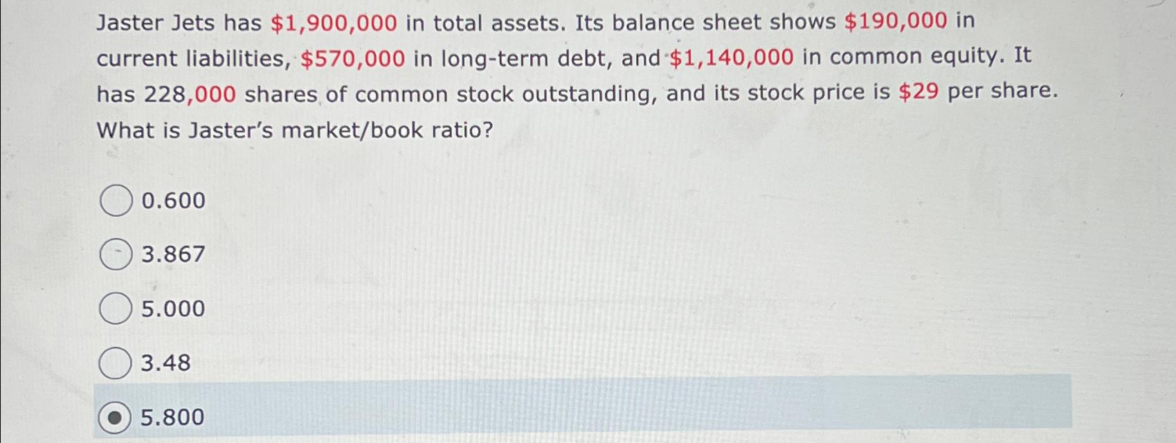  Jaster Jets has $1,900,000 in total assets. Its balance sheet shows