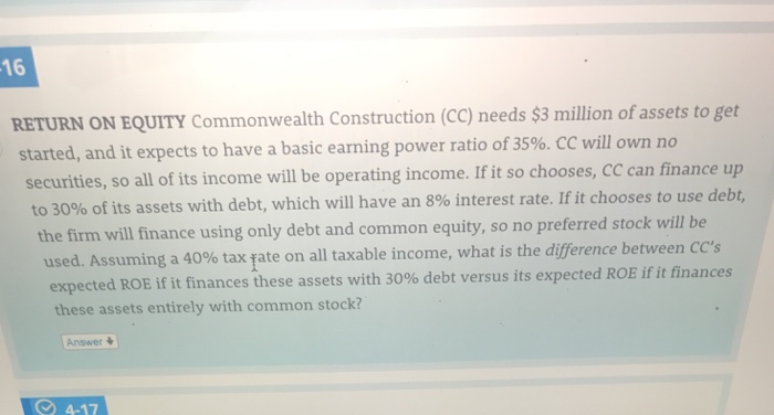  Analysis of financial statement : Return on equity Commonwealth Construction (CC)