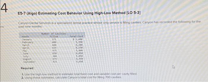  E5-7 (Algo) Estimating Cost Behavior Using High-Low Method [LO 5-3] Canyon