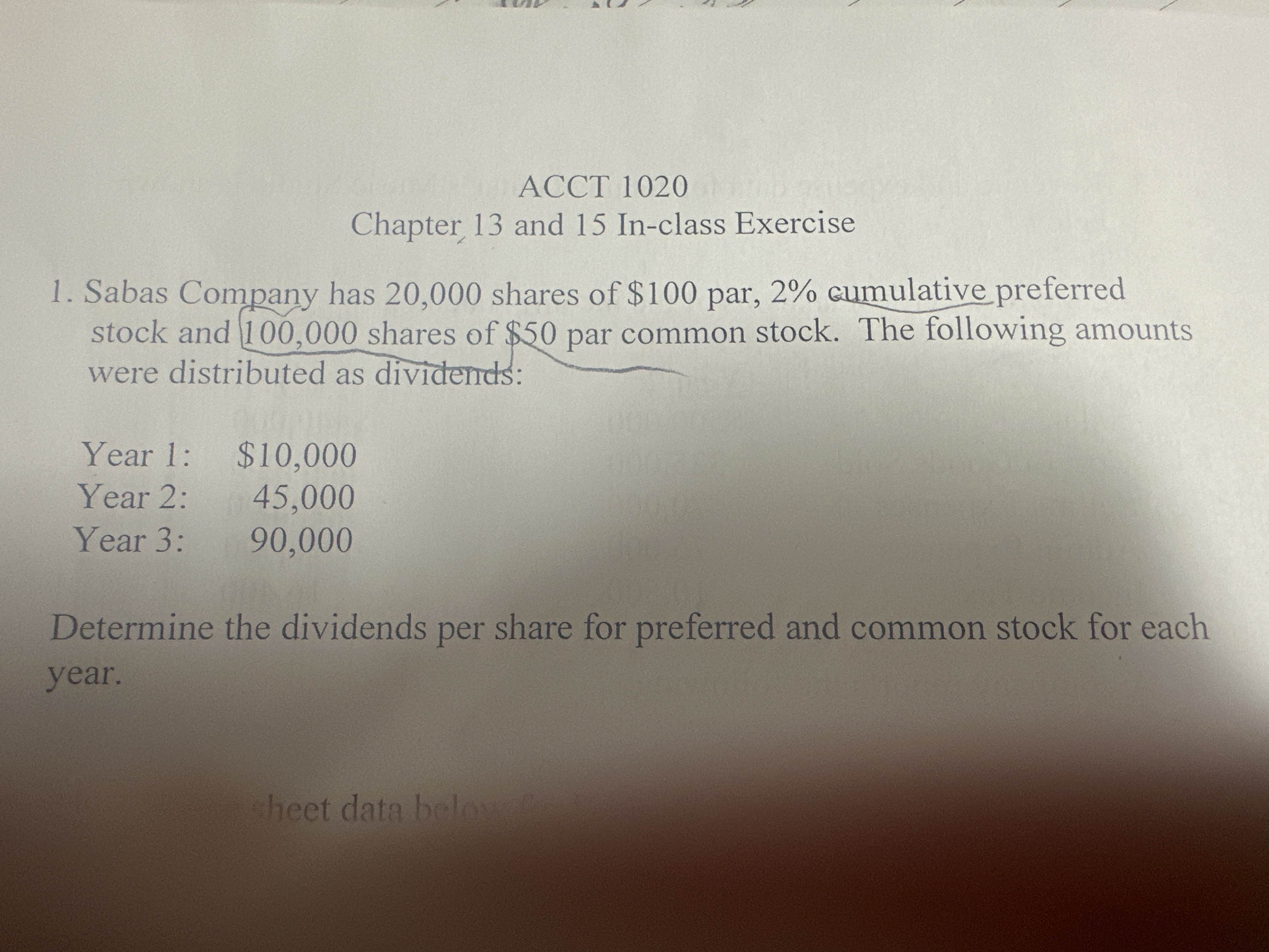  ACCT 1020 Chapter 13 and 15 In-class Exercise Sabas Company has