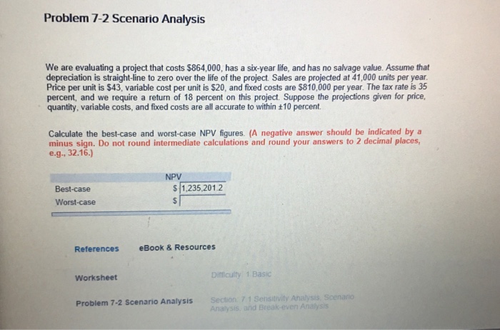  Problem 7-2 Scenario Analysis We are evaluating a project that costs