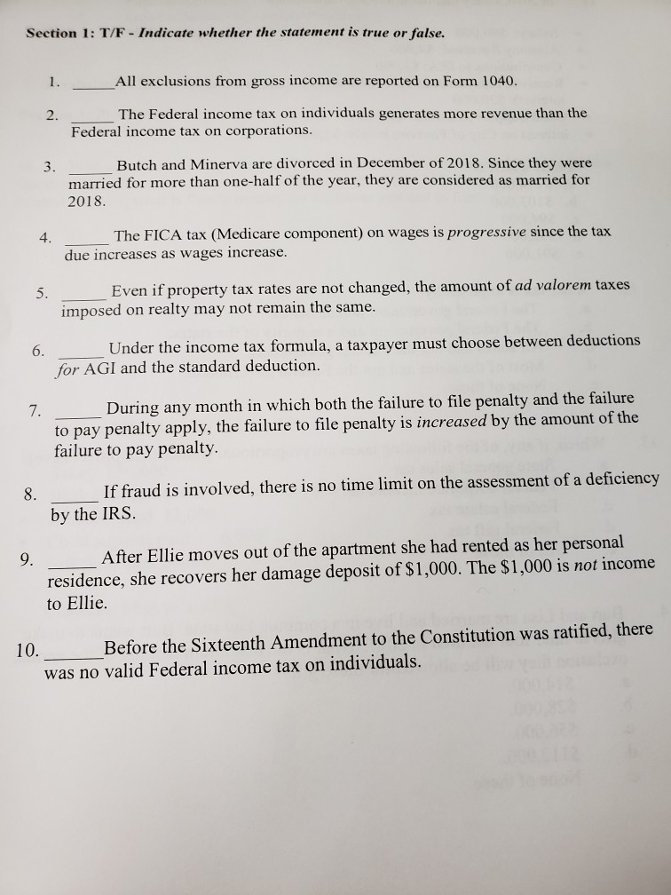  indicate whatever the statement is true or false Section 1: T/F