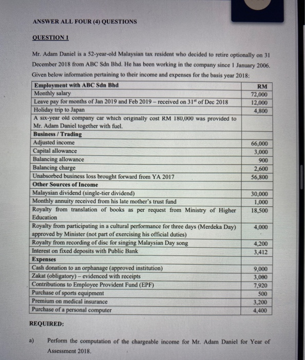  ANSWER ALL FOUR (4) QUESTIONS QUESTION 1 Mr. Adam Daniel is