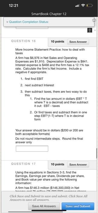  12:21 SmartBook Chapter 12 Question Completion Status: QUESTION 16 10 points