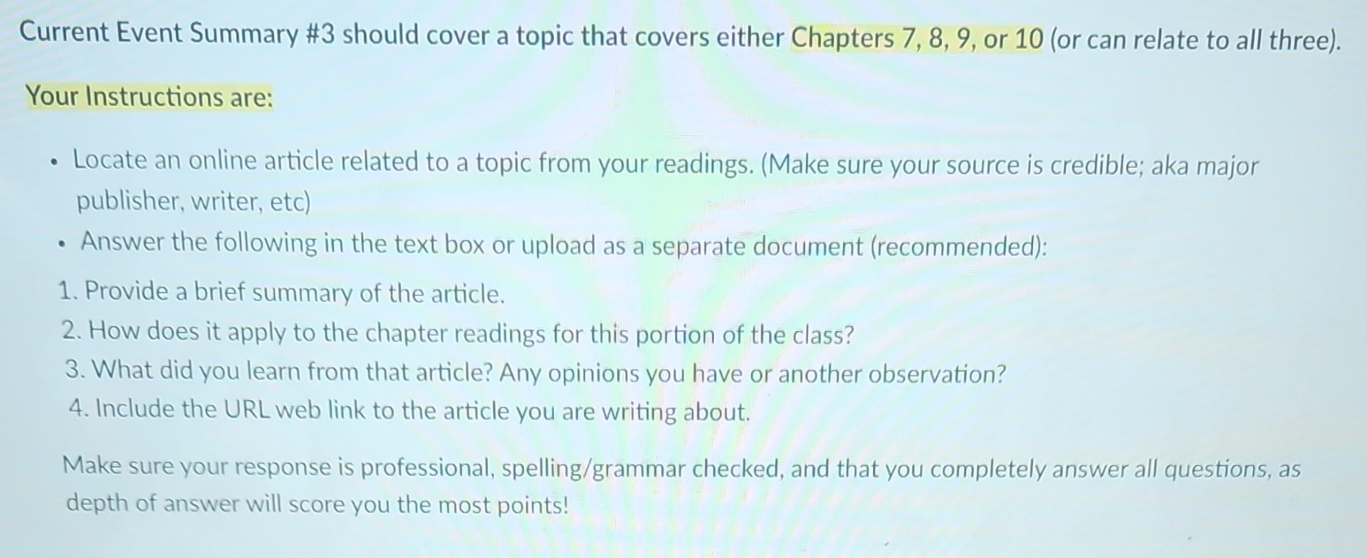 Current Event Summary #3 should cover a topic that covers either