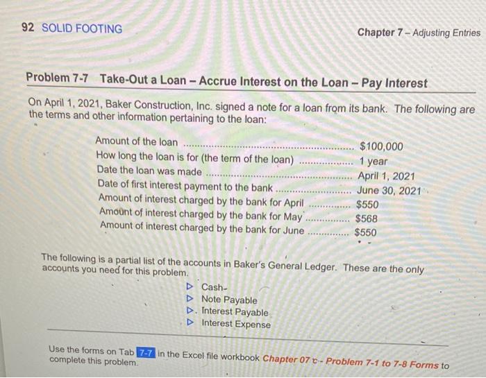  92 SOLID FOOTING Chapter 7 - Adjusting Entries Problem 7-7 Take-Out