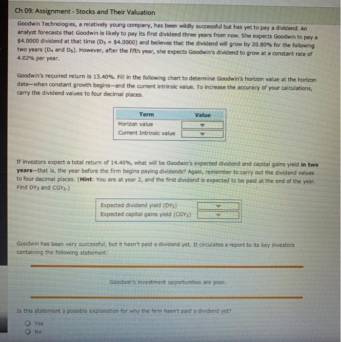  Ch 09: Assignment - Stocks and Their Valuation Goodwin Technologies, a