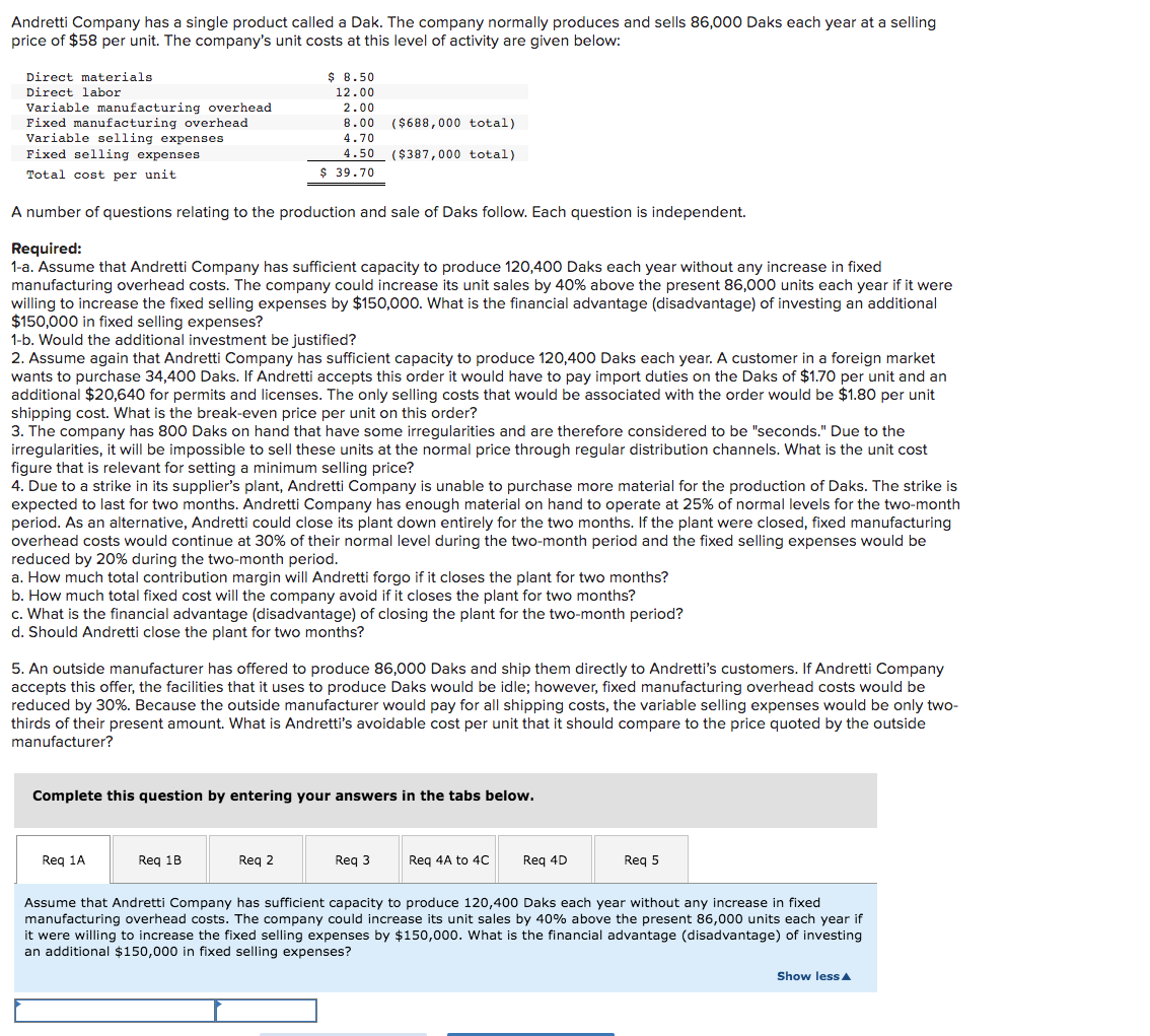  Andretti Company has a single product called a Dak. The company