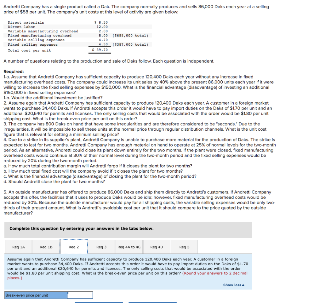 of $58 per unit. The company's unit costs at this level of