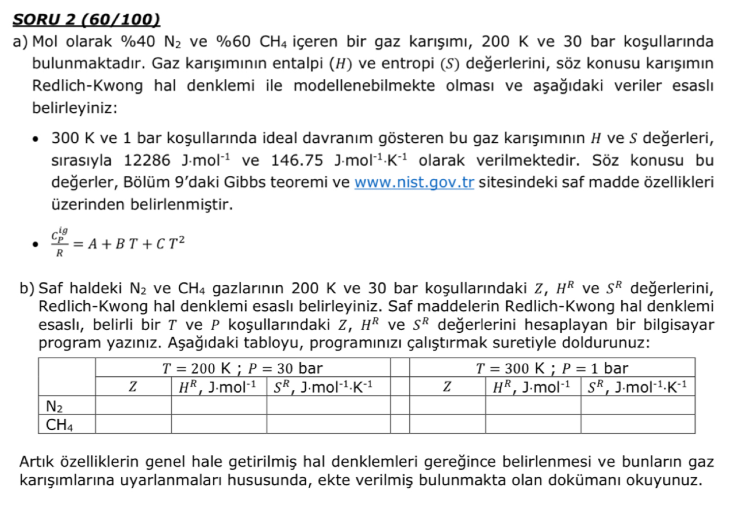  SORU 2(60100) a) Mol olarak %40N2 ve %60CH4 ieren bir gaz
