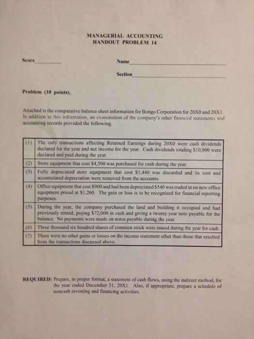  MANAGERIAL ACCOUNTING HANDOUT PROBLEM 14 Score Name Section Problem (10 points).
