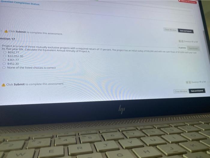  question completion Status Click Submit to complete this assessment estion 17