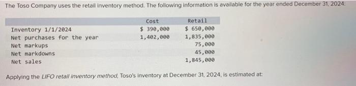 Please help Applying the LIFO retail inventory method, Toso's inventory at December