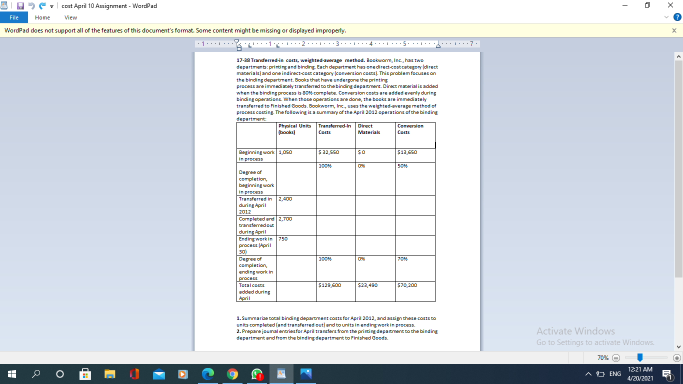 - = cost April 10 Assignment - WordPad Home View File