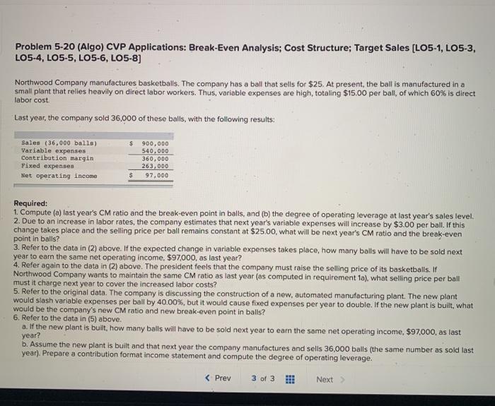  Problem 5-20 (Algo) CVP Applications: Break-Even Analysis; Cost Structure; Target Sales